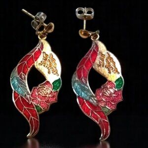 Vintage Dangle Earrings Flower & Leaves Multicolor Cloisonne Gold Tone 1" Long‎